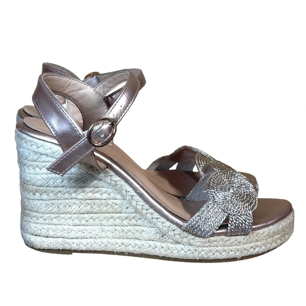 Gold Metallic Espadrille Wedge Sandals Braided Platform Ankle Strap Size 36‎